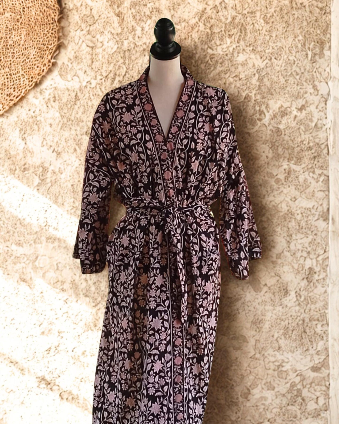 Black Cotton Block Print Kimono Robe, Floral Ankle Length Dressing Gown