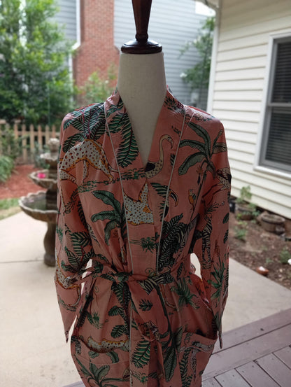 Tige Hand Block Cotton Kimono Robe, Floral Women's Robe