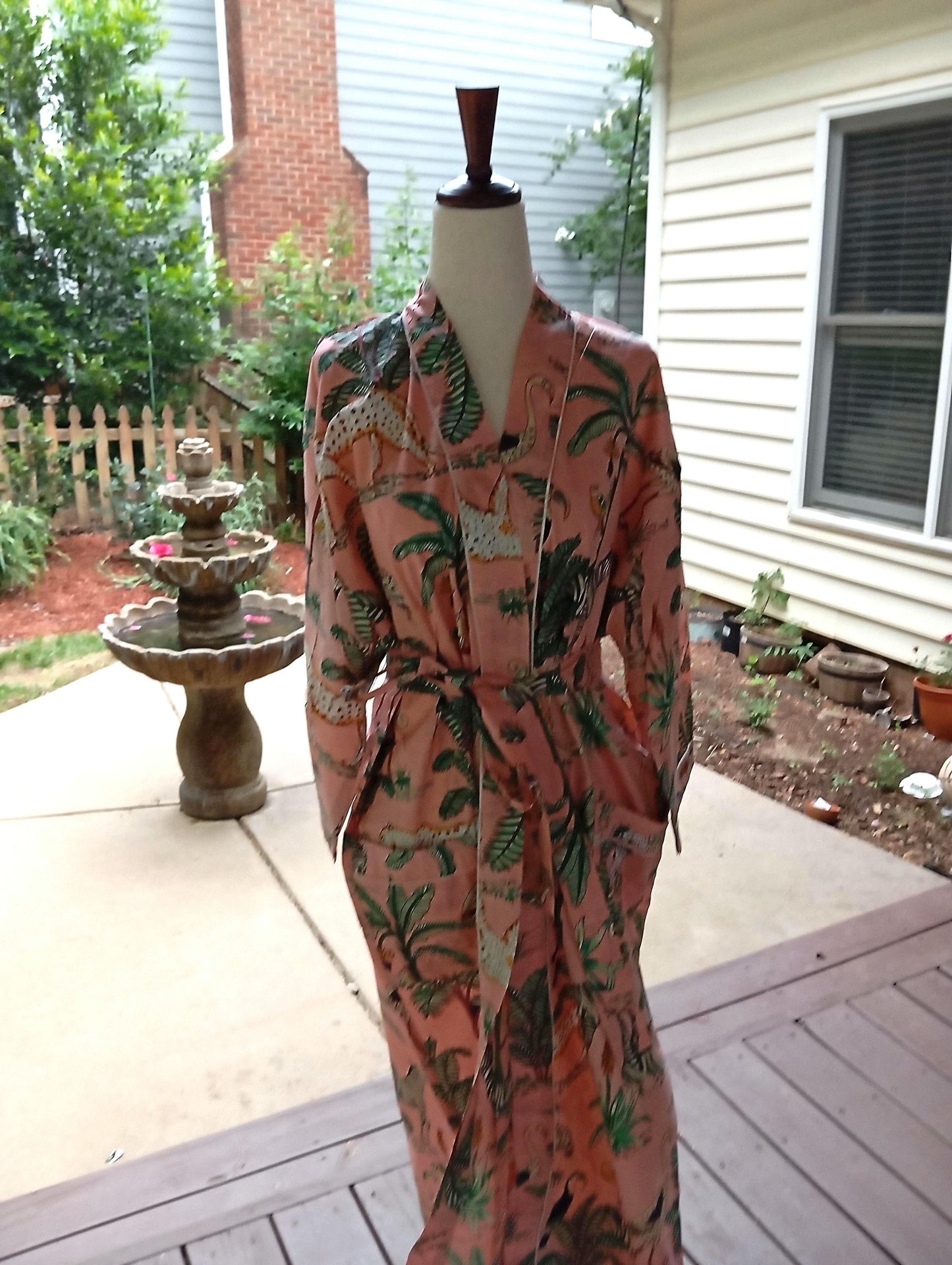 Pink Tiger Floral Cotton Wrap Robe, Lightweight Block Print Dressing Gown