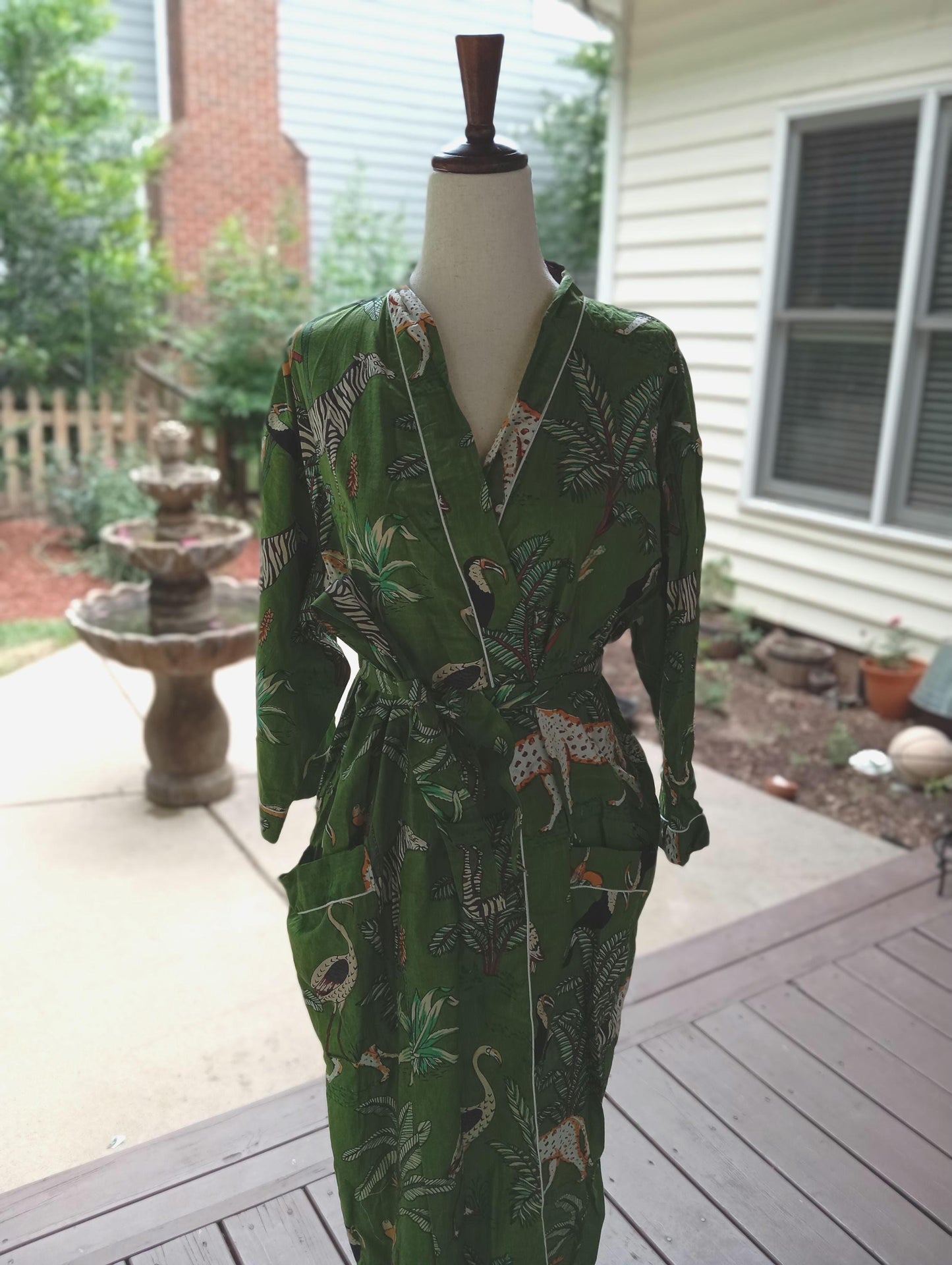 Tiger Pint Cotton Kimono Robe: Block Print Loungewear - Ankle Length