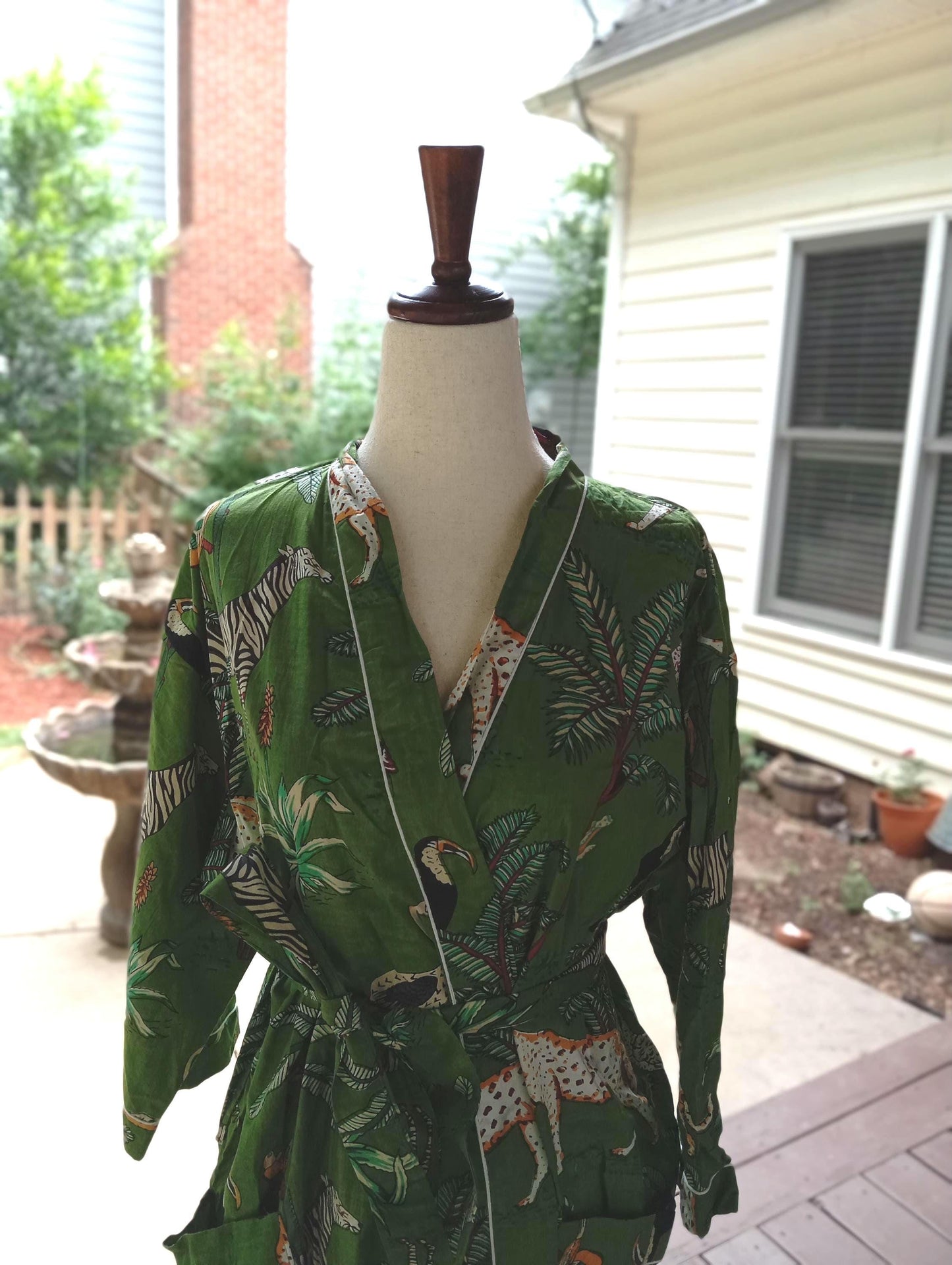 Tiger Pint Cotton Kimono Robe: Block Print Loungewear - Ankle Length