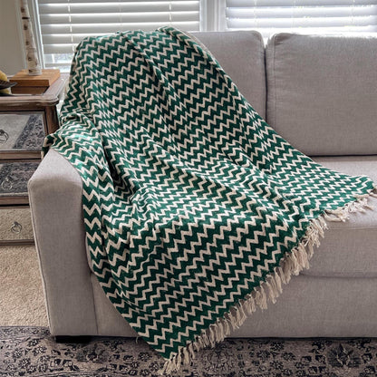 Green Floral Throw Blanket, Indian Cotton Tassel Blanket – Christmas Gift, Home Decor