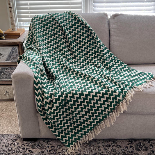 Green Floral Throw Blanket, Indian Cotton Tassel Blanket – Christmas Gift, Home Decor