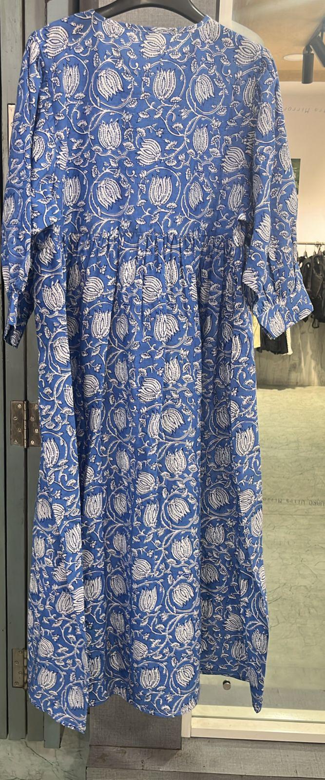 Blue Floral Block Print Cotton Midi Dress - Boho Summer Dress
