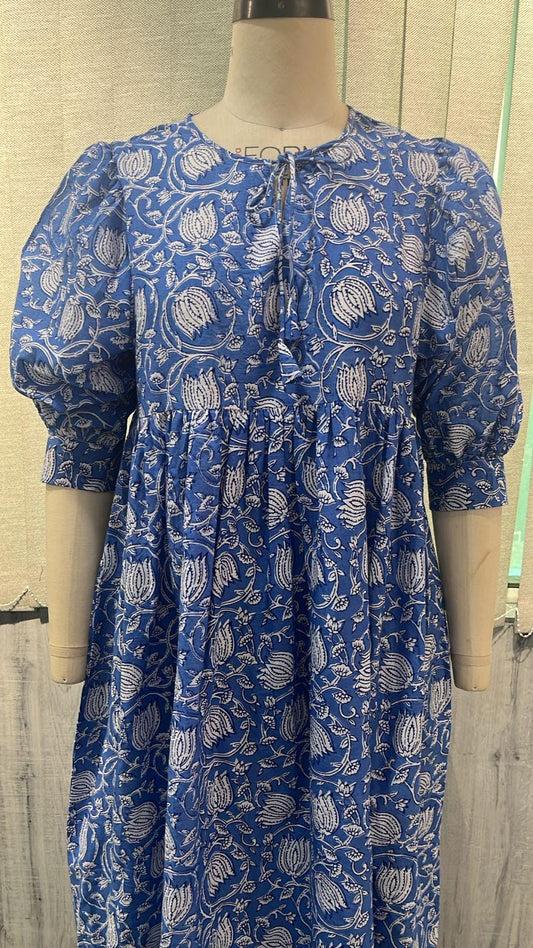 Blue Floral Block Print Cotton Midi Dress - Boho Summer Dress