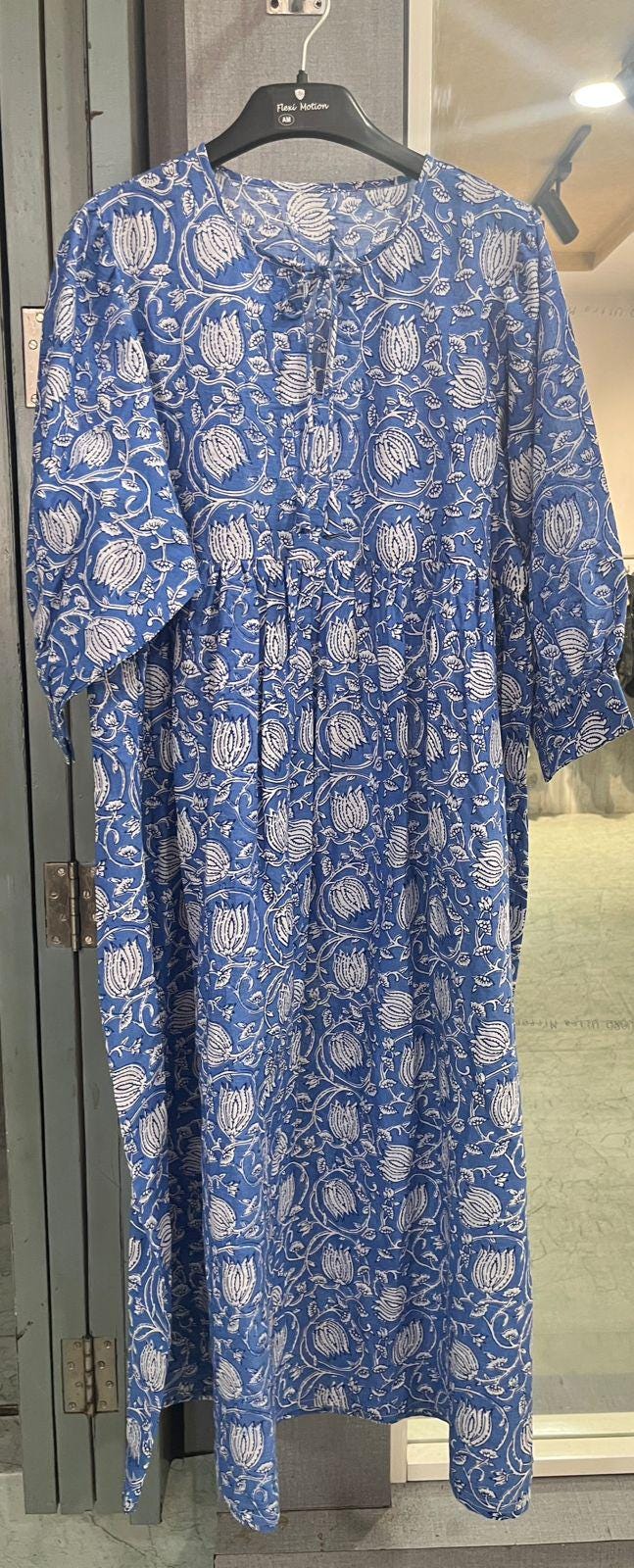 Blue Floral Block Print Cotton Midi Dress - Boho Summer Dress