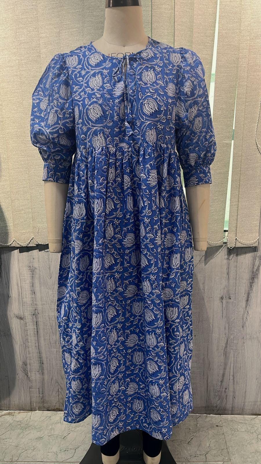 Blue Floral Block Print Cotton Midi Dress - Boho Summer Dress