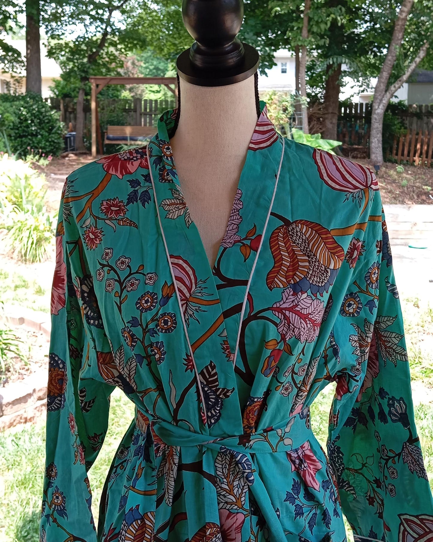 Indian Block Print Cotton Robe: Short Kimono Style Beach Cover-Up