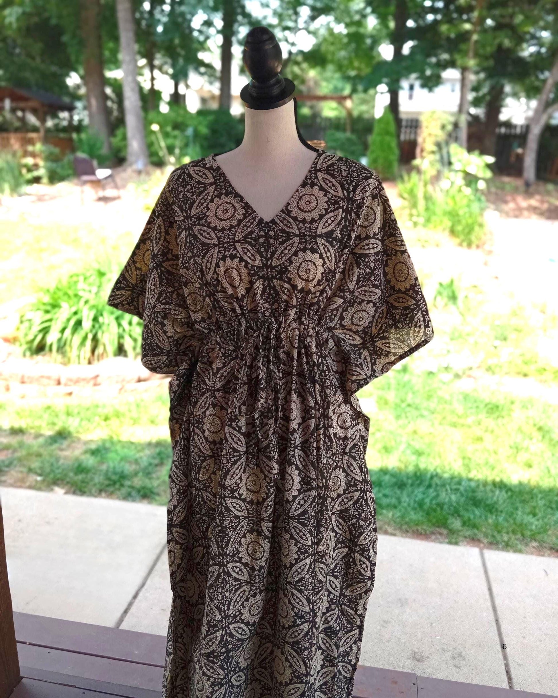 Black Print Cotton Kaftan, Floral Boho Loungewear