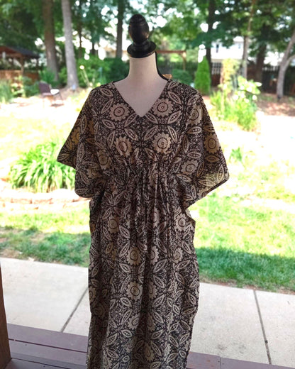 Black Print Cotton Kaftan, Floral Boho Loungewear
