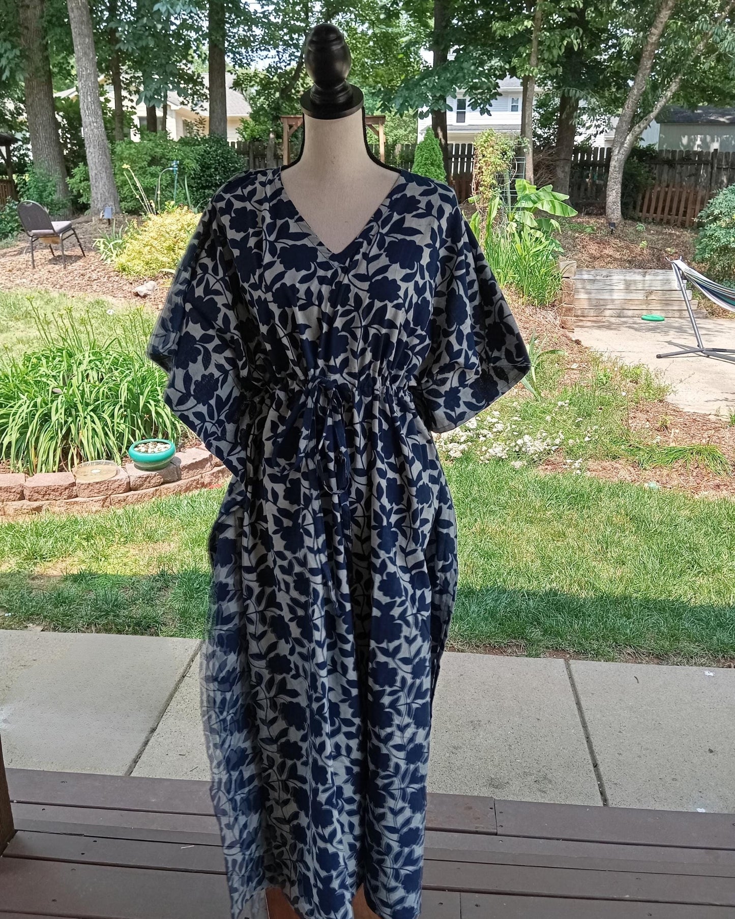 Indigo Blue Floral Cotton Kaftan, Hand Block Print Kimono Dress