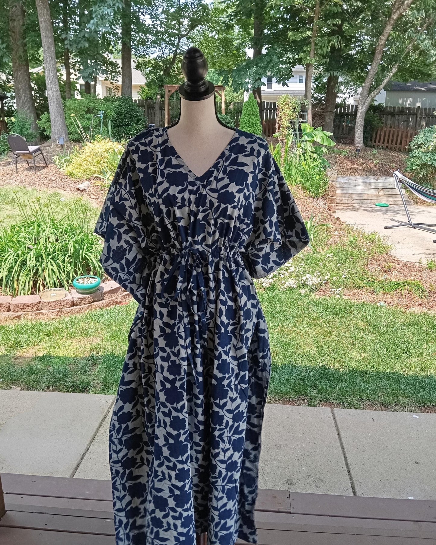 Indigo Blue Floral Cotton Kaftan, Hand Block Print Kimono Dress