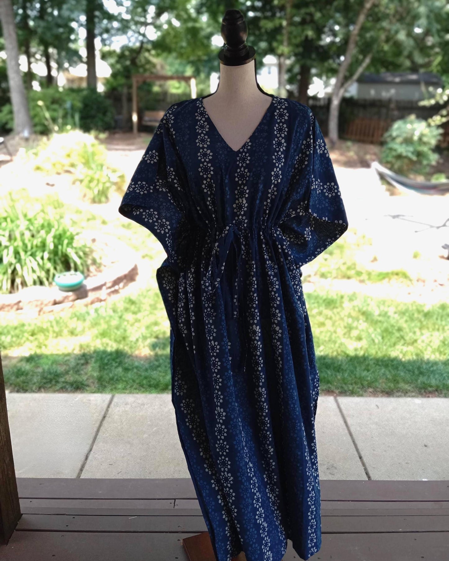 Indigo Blue Floral Cotton Kaftan, Hand Block Print Kimono Dress