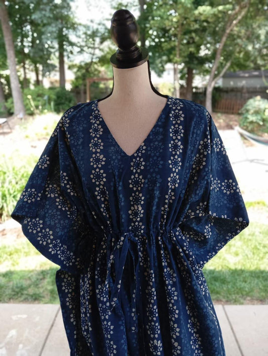 Indigo Blue Floral Cotton Kaftan, Hand Block Print Kimono Dress