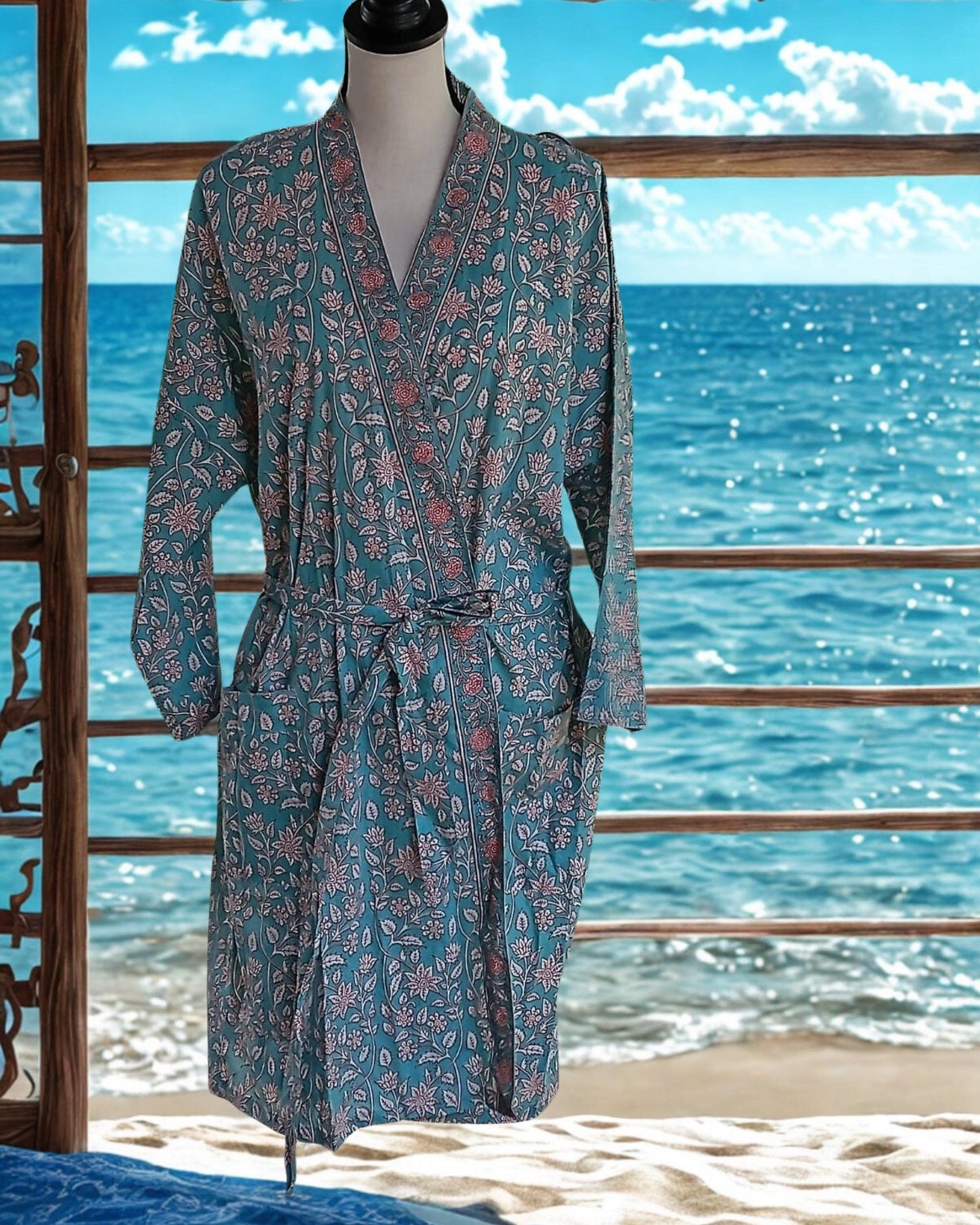 Black Cotton Block Print Kimono Robe, Floral Ankle Length Dressing Gown