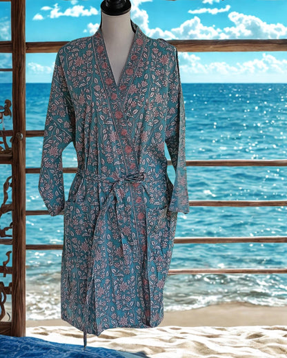 Black Cotton Block Print Kimono Robe, Floral Ankle Length Dressing Gown