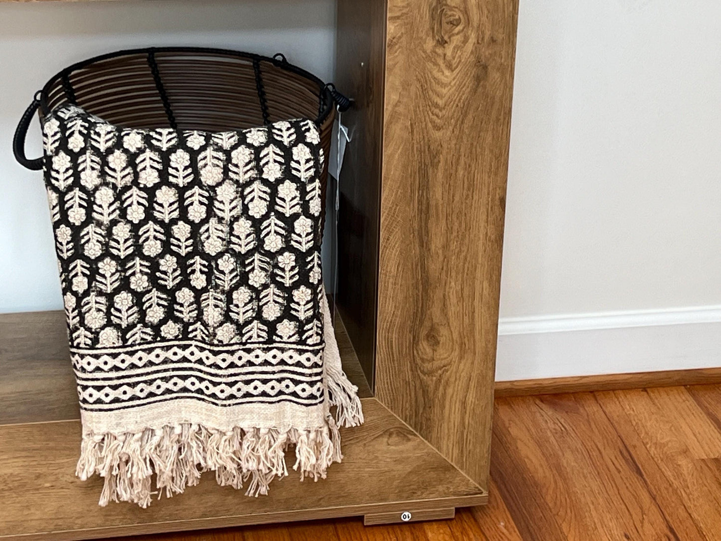 Black Hand Block Print Cotton Throw Blanket: Boho Floral Tassels Boho Blanket for Home Decor