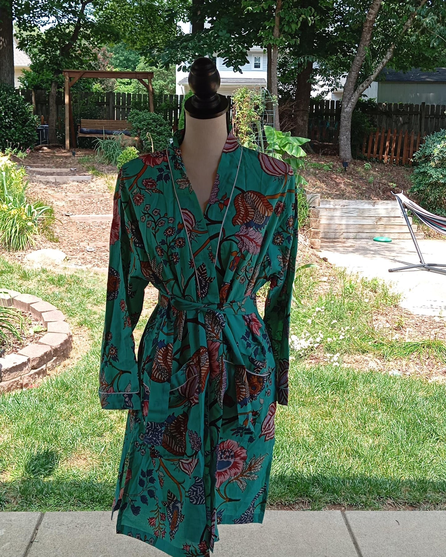 Indian Block Print Cotton Robe: Short Kimono Style Beach Cover-Up