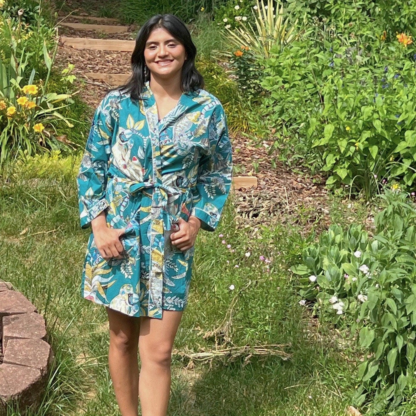 Indian Block Print Cotton Robe: Short Kimono Style Beach Cover-Up