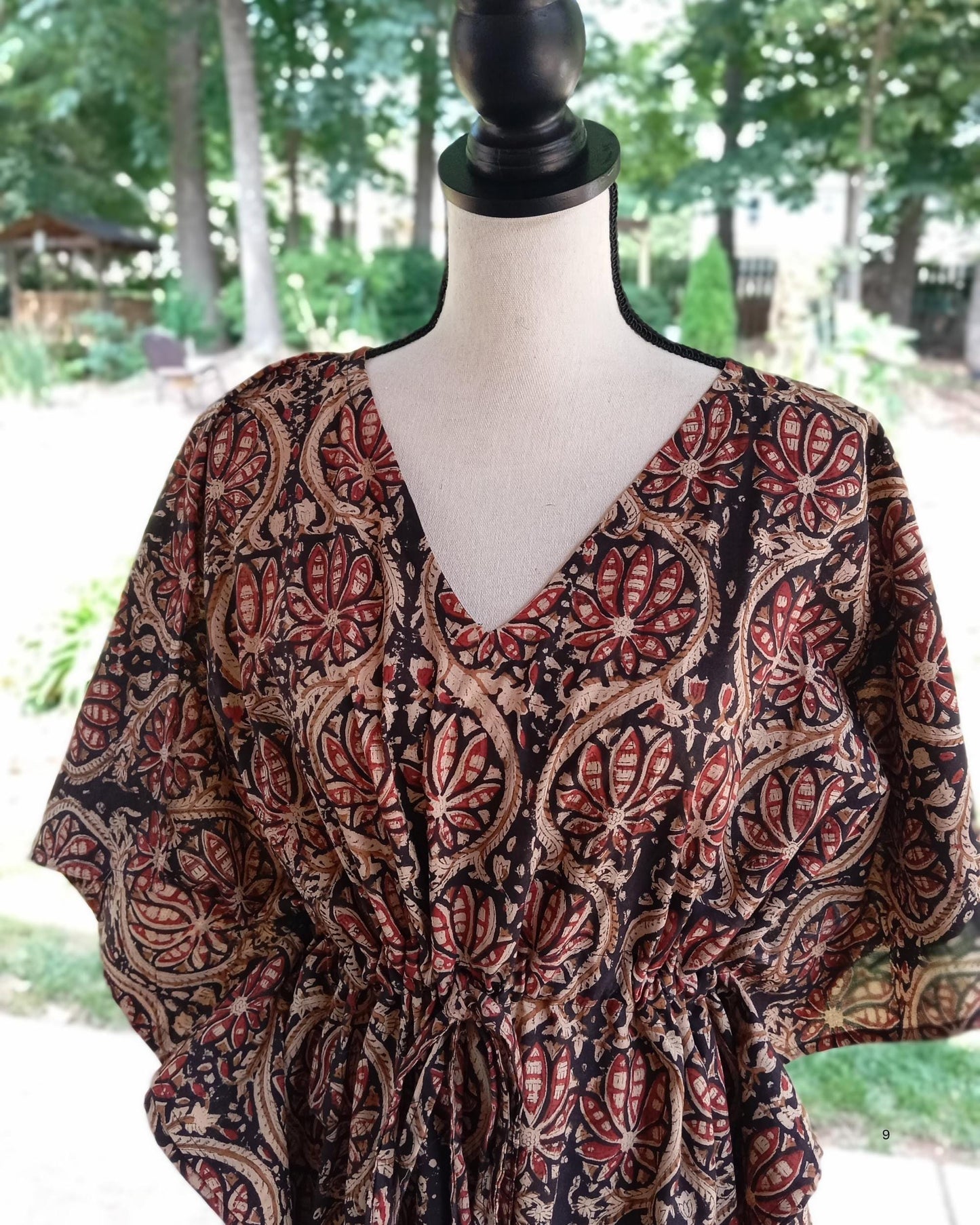 Black Print Cotton Kaftan, Floral Boho Loungewear