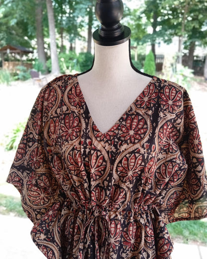 Black Print Cotton Kaftan, Floral Boho Loungewear