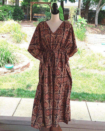 Black Print Cotton Kaftan, Floral Boho Loungewear