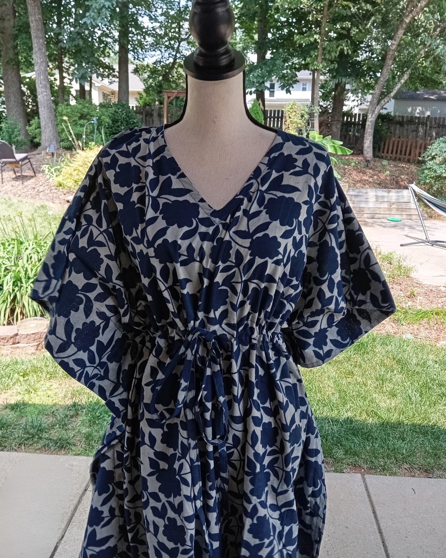 Indigo Blue Floral Cotton Kaftan, Hand Block Print Kimono Dress