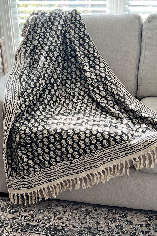 Black Hand Block Print Cotton Throw Blanket: Boho Floral Tassels Boho Blanket for Home Decor