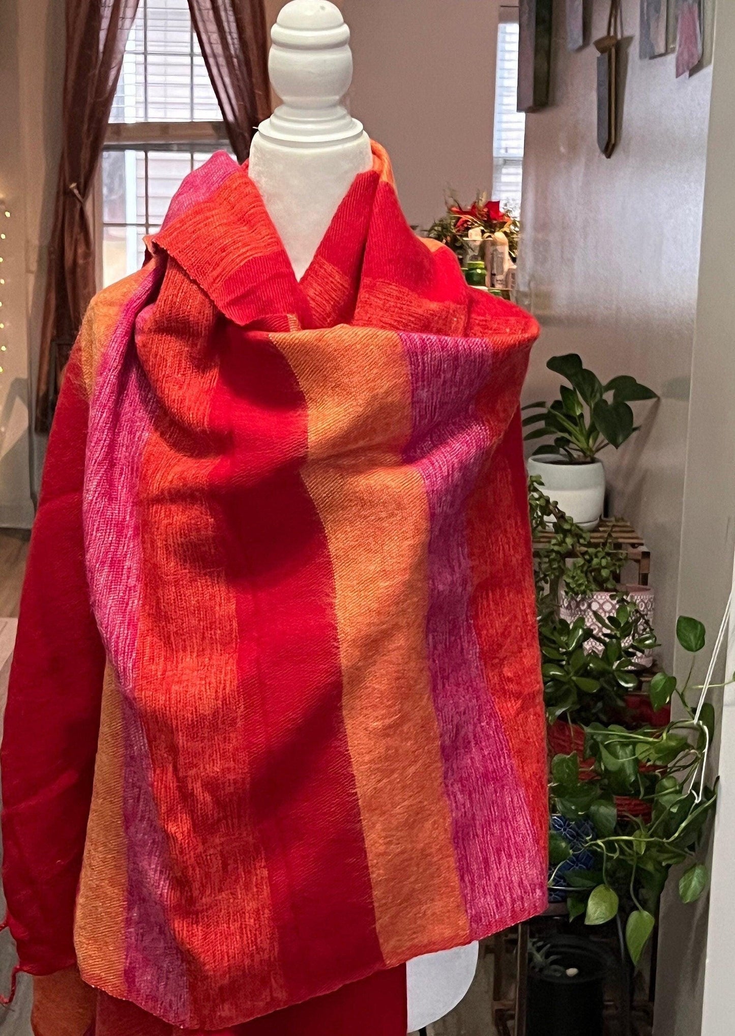 Red Orange Yak Wool Blanket Scarf, Handmade Himalayan Nepal Meditation Shawl