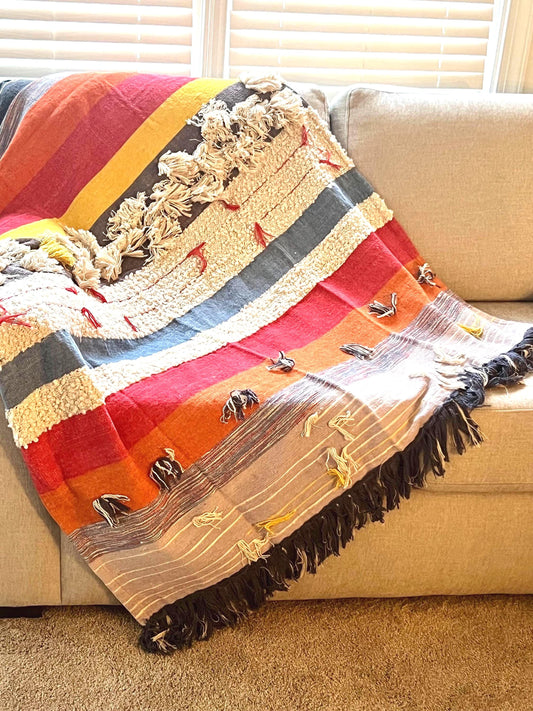 Handmade Boho Throw Blanket with Fringe, Colorful Cotton Sofa Decor (52" x 70")