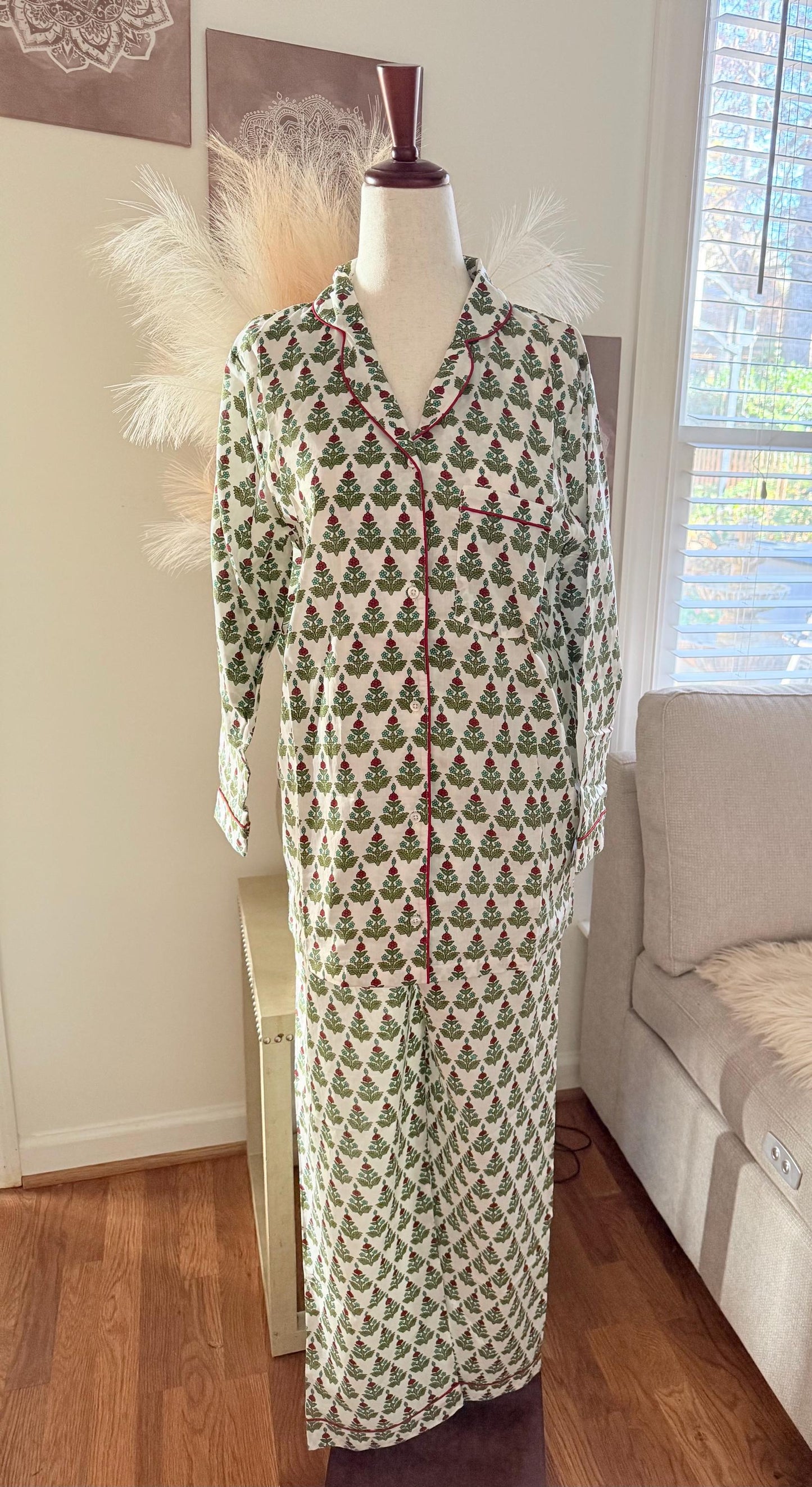 Christmas Pajama Set, Cotton Floral Print Loungewear, Holiday Print