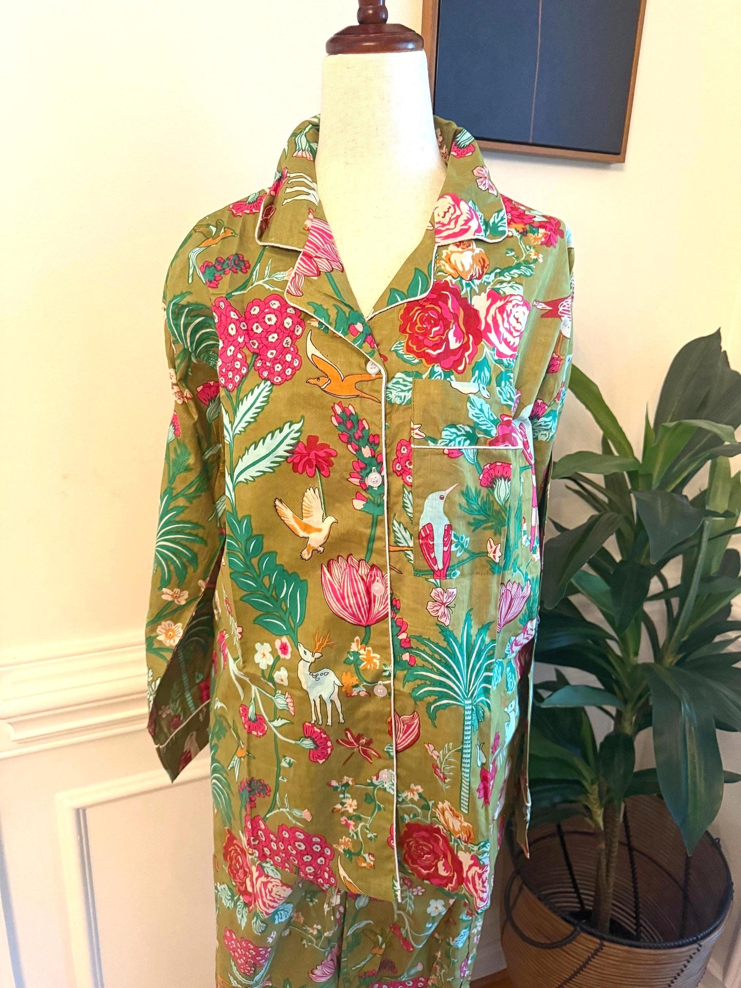 Gift Green Floral Print Handmade Cotton Pajama Set: Women's  Loungewear with Gift Pouch