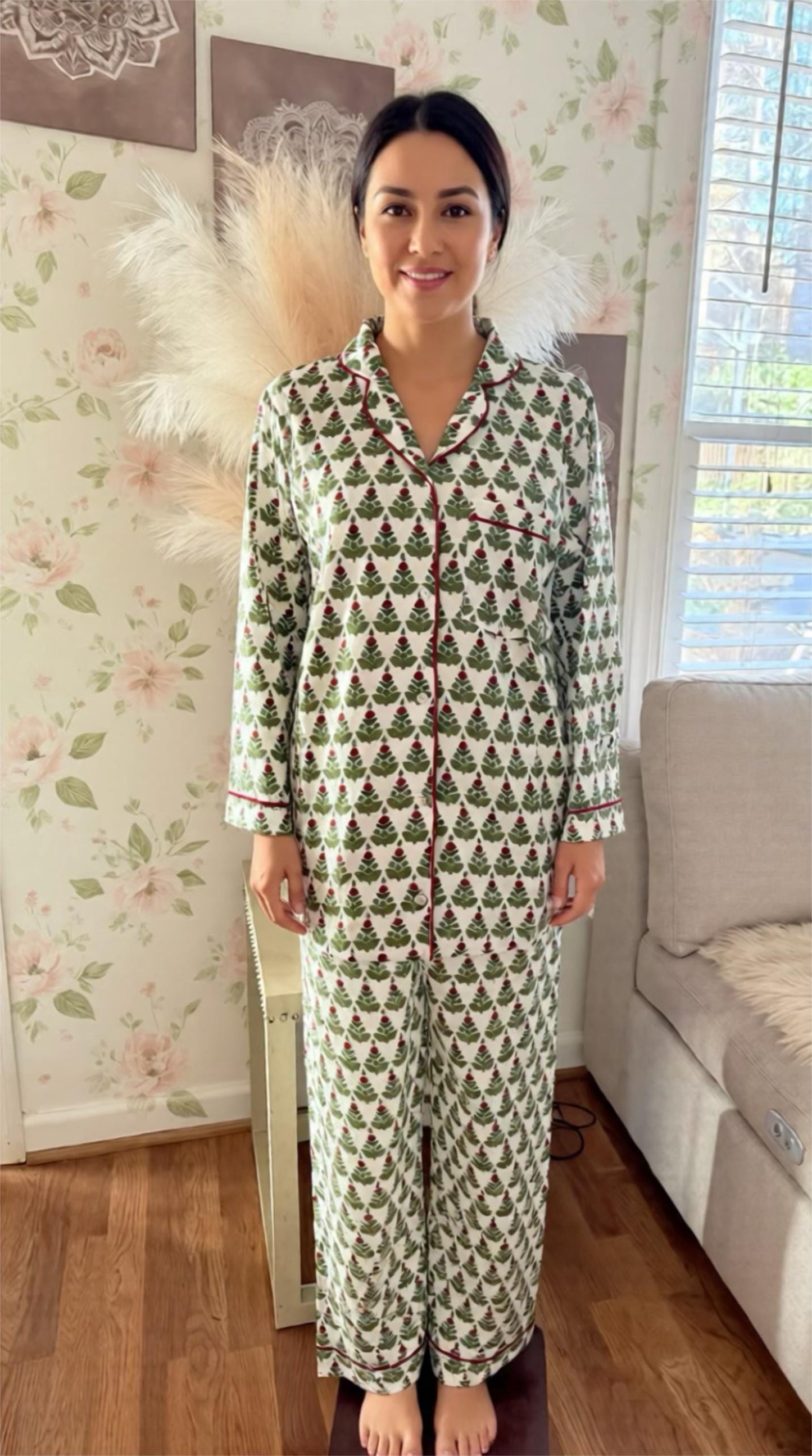 Christmas Pajama Set, Cotton Floral Print Loungewear, Holiday Print