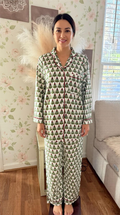 Christmas Pajama Set, Cotton Floral Print Loungewear, Holiday Print