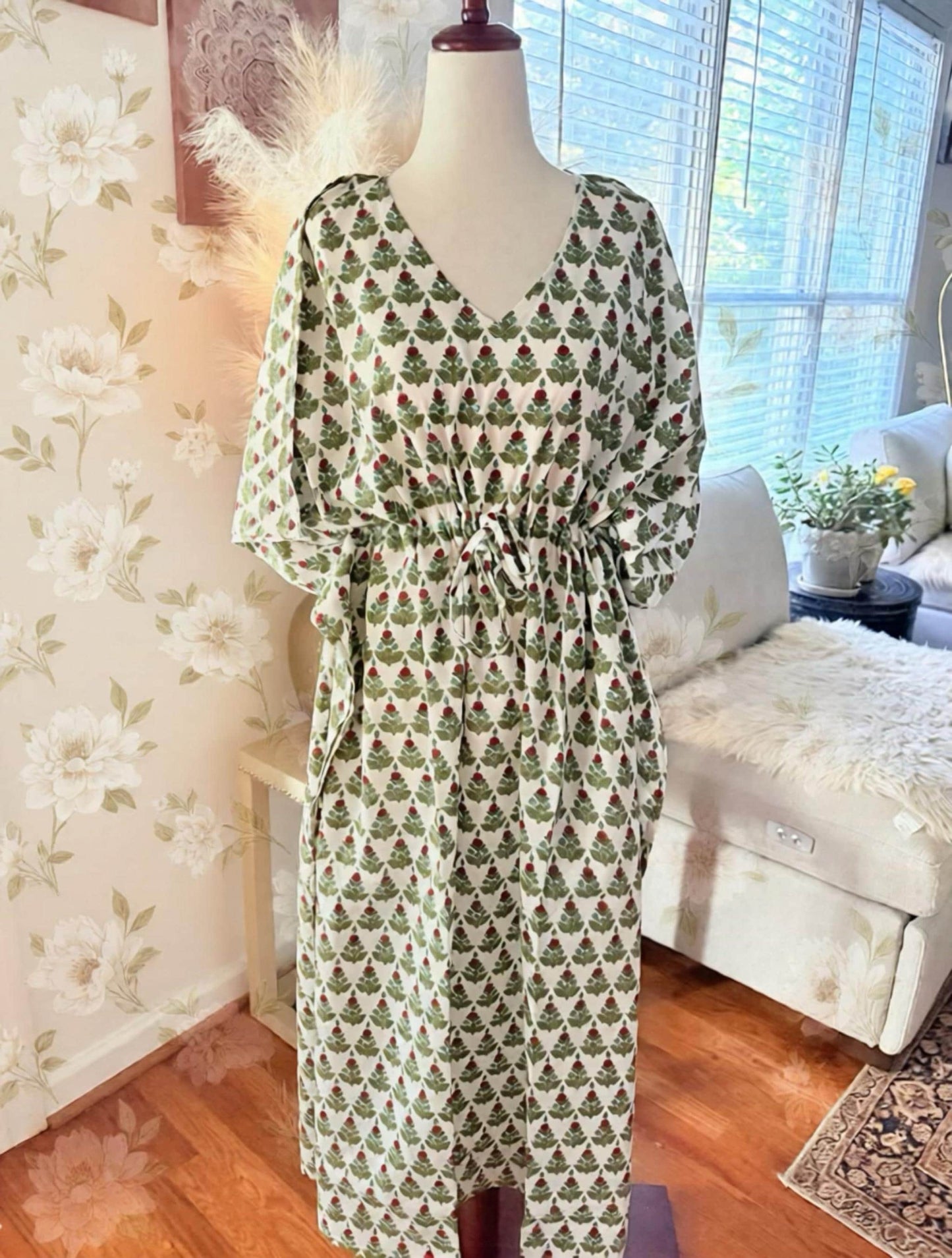 Hand Block Printed Christmas Tree Kaftan | Floral Cotton Lounge Dress