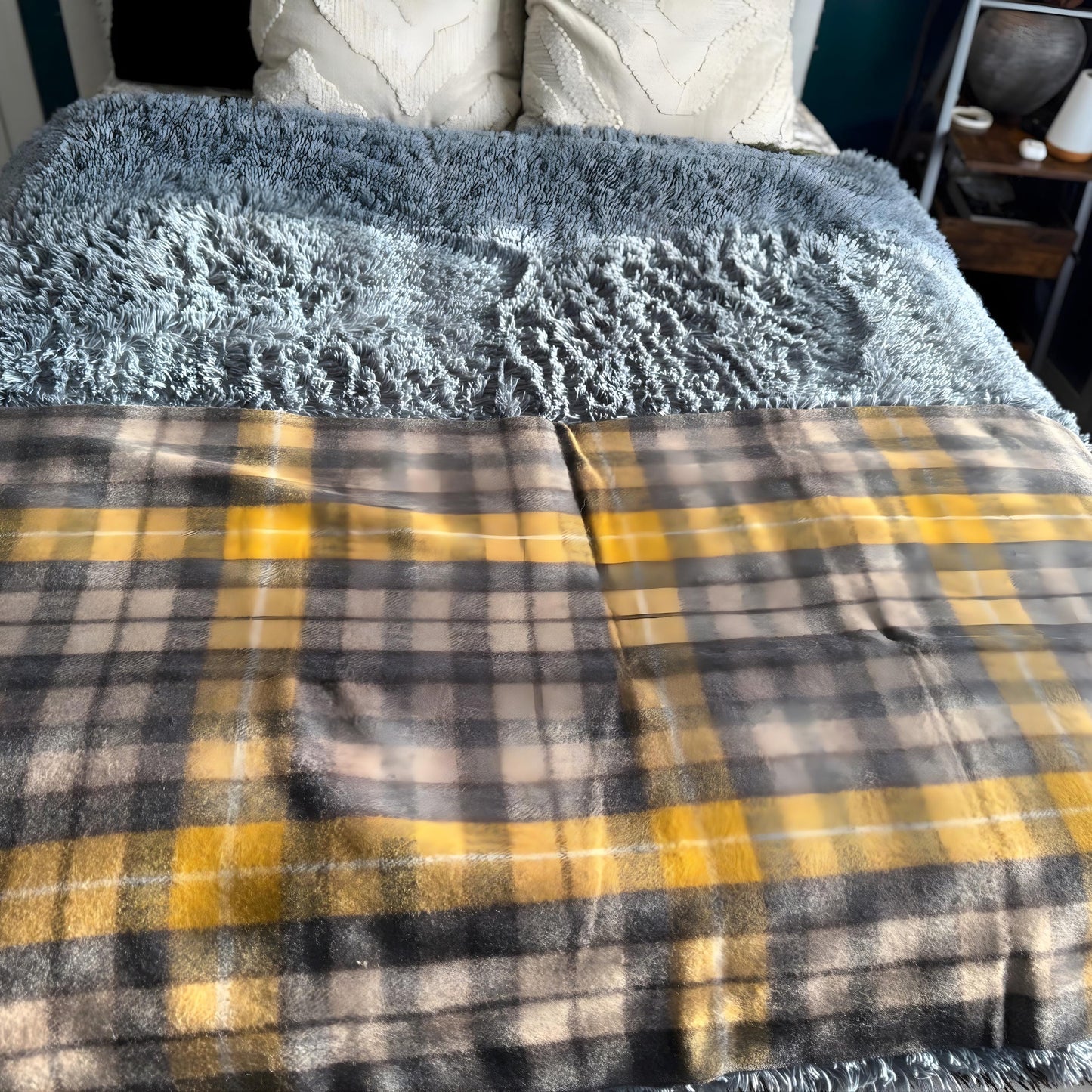 Tartan Plaid Recycled Wool Blanket with Fringe, Cozy Throw
