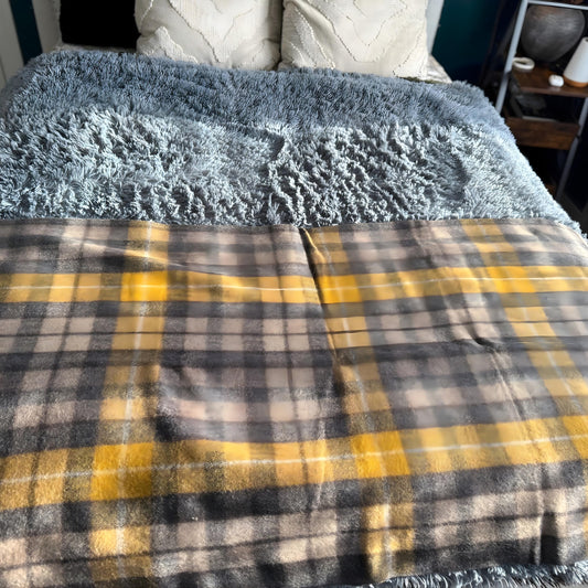 Tartan Plaid Recycled Wool Blanket with Fringe, Cozy Throw