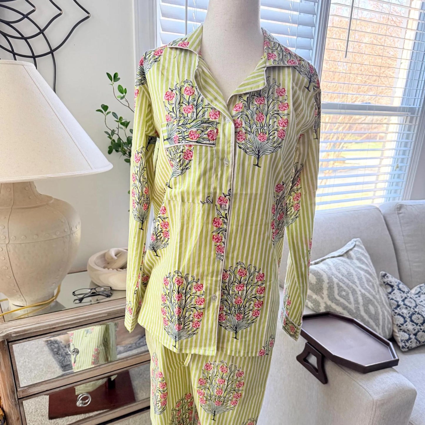 Green Holiday Pj's Hand Block print Cotton Pajama Set, Floral and Stripes Boho Loungewear and sleepwear with Pouch Holiday Gift for her