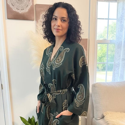 Green Block Print Cotton Robe, Ankle Length Kimono Dressing Gown