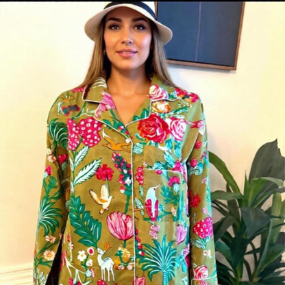 Gift Green Floral Print Handmade Cotton Pajama Set: Women's  Loungewear with Gift Pouch