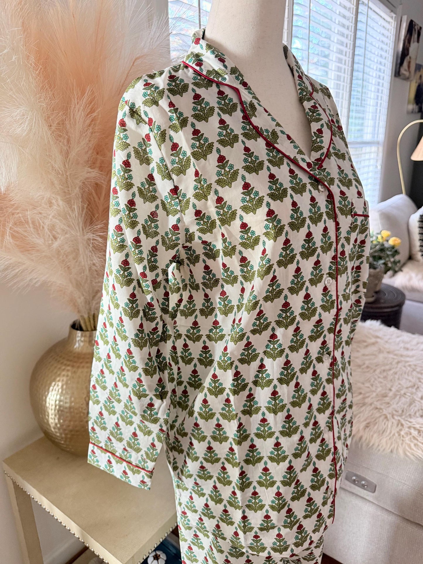 Christmas Pajama Set, Cotton Floral Print Loungewear, Holiday Print