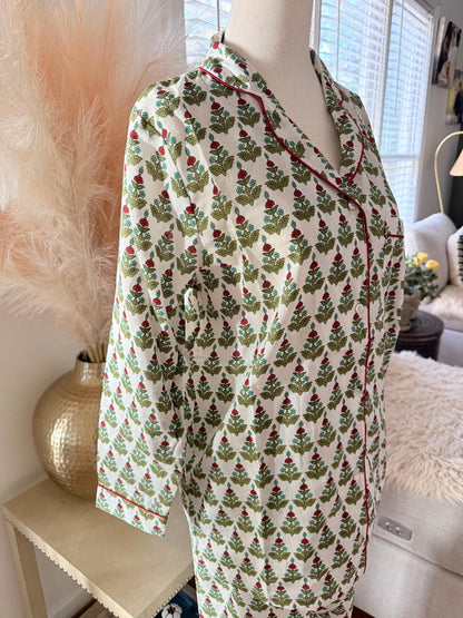 Christmas Pajama Set, Cotton Floral Print Loungewear, Holiday Print