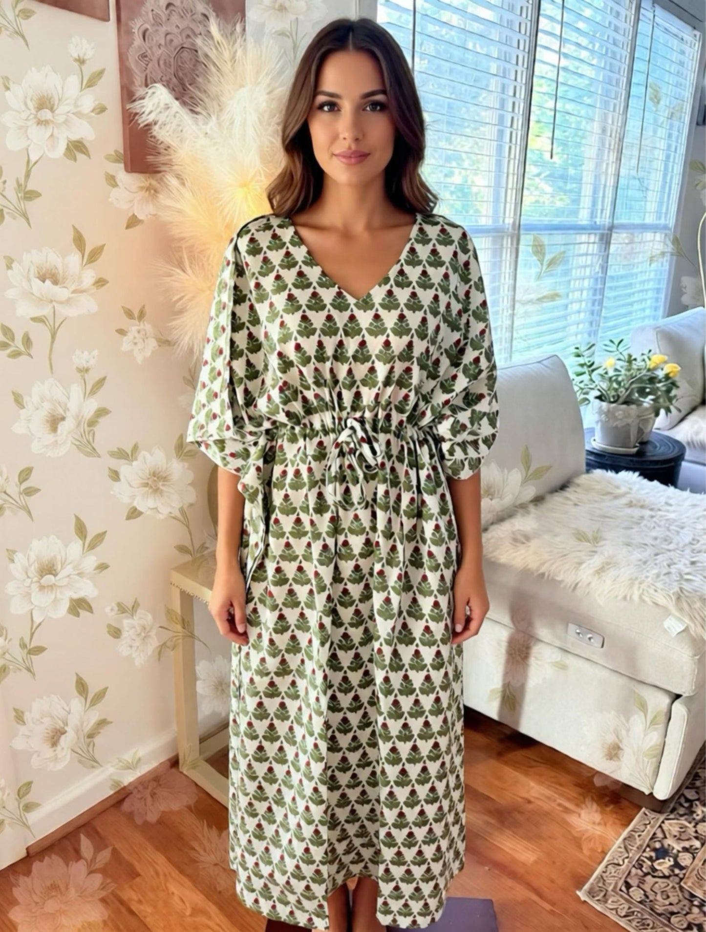 Hand Block Printed Christmas Tree Kaftan | Floral Cotton Lounge Dress