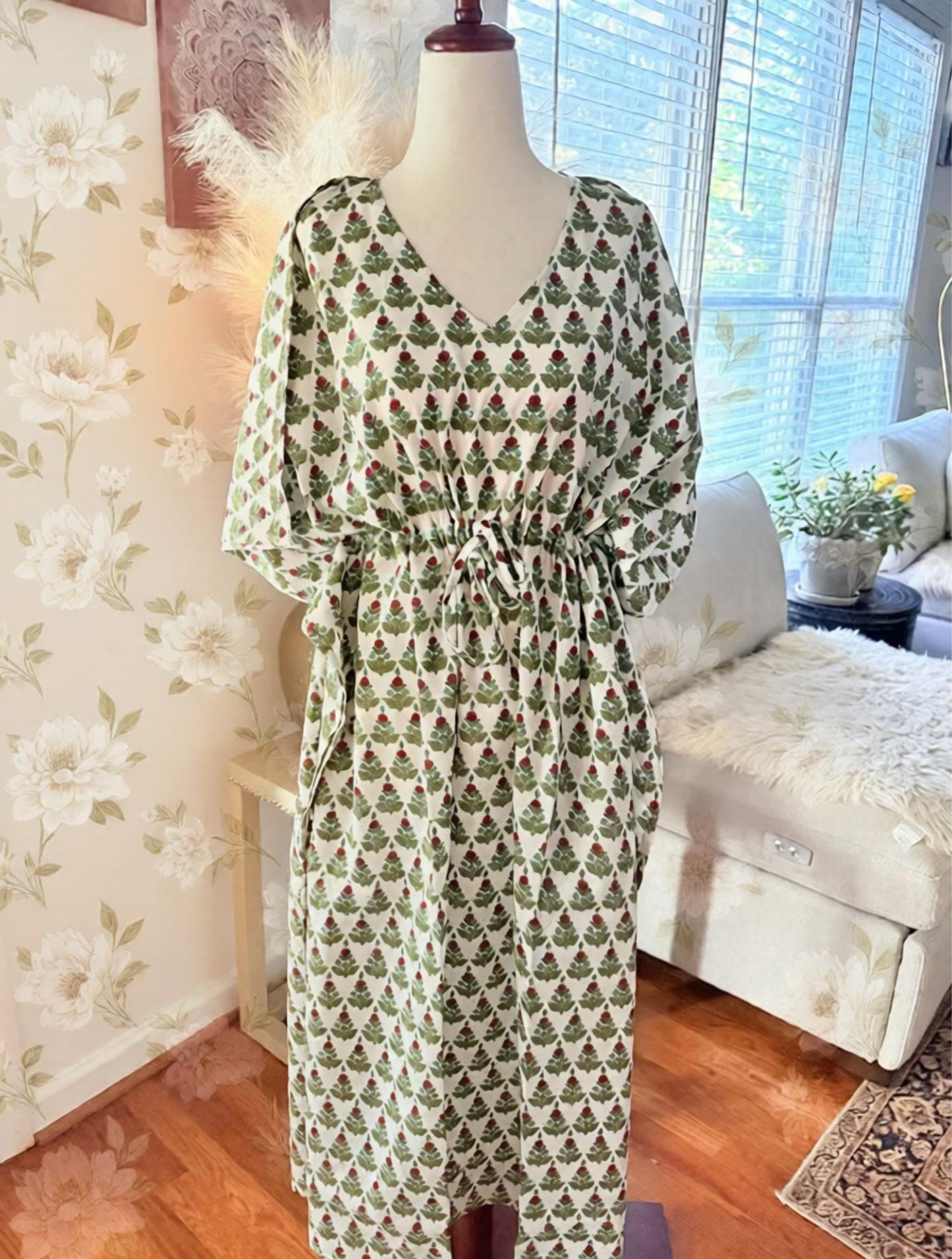 Hand Block Printed Christmas Tree Kaftan | Floral Cotton Lounge Dress