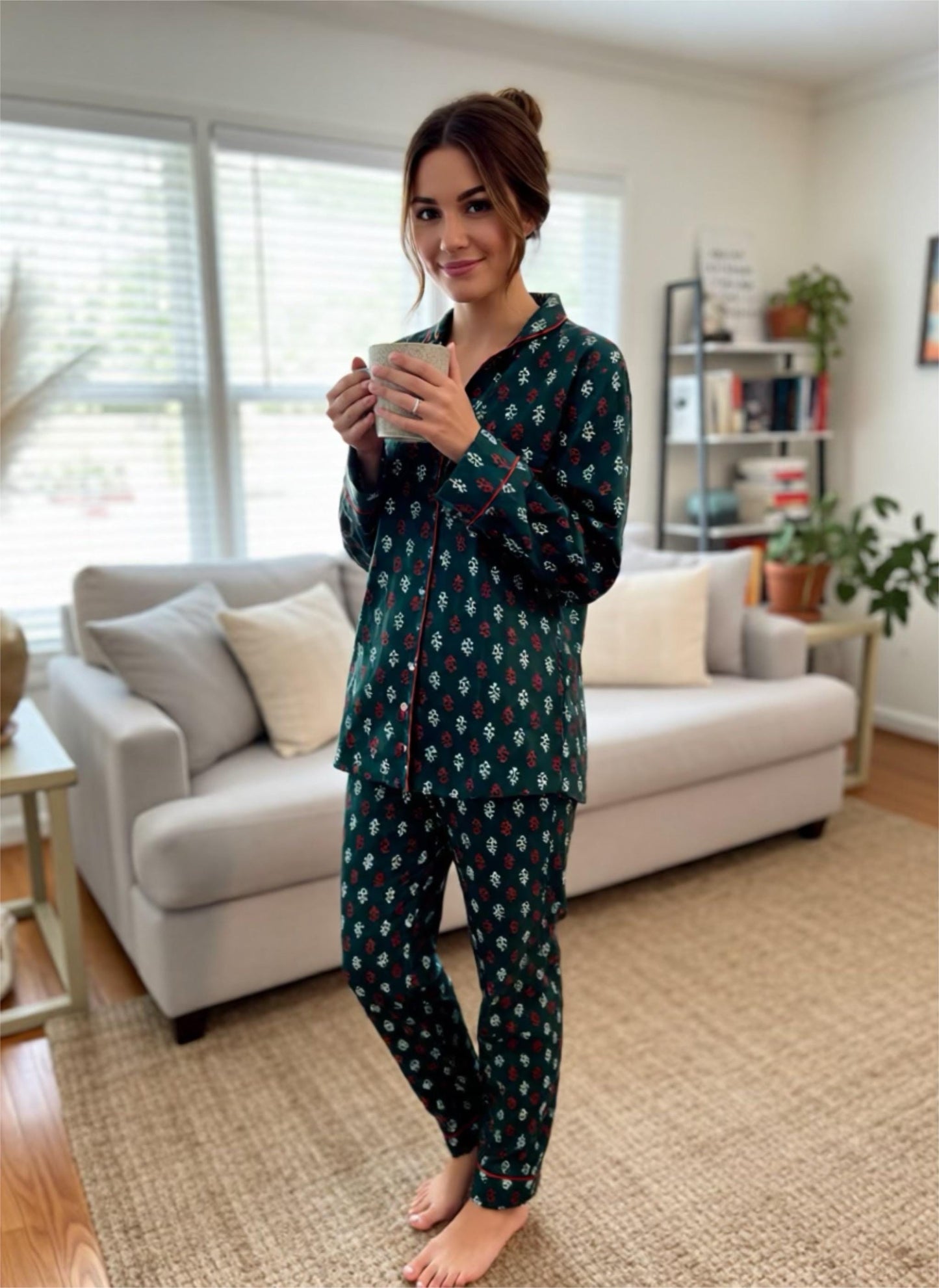 Christmas , Holiday Pj set Green Christmas Print Pajama, Cotton Floral Print Loungewear, Holiday PJ’s set for Women