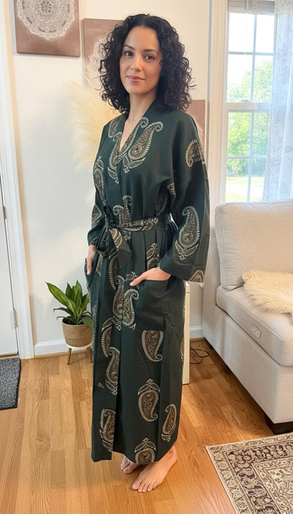Green Block Print Cotton Robe, Ankle Length Kimono Dressing Gown