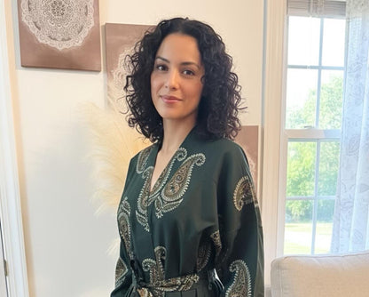 Christmas Gift Green Cotton Kimono Robe, Boho block print, Cozy House Robe, Loungewear, Sleepwear Holiday Gift for her