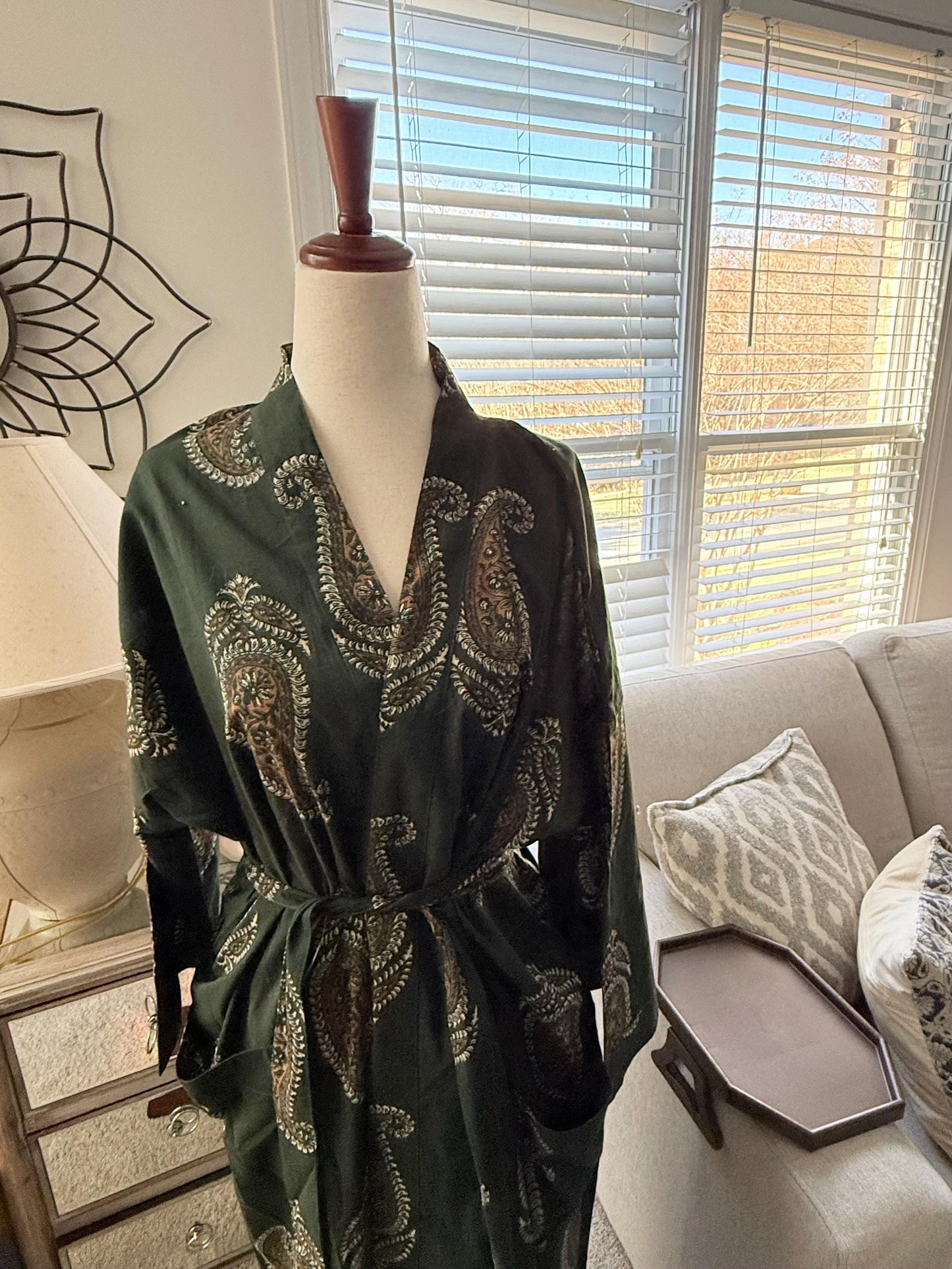 Christmas Gift Green Cotton Kimono Robe, Boho block print, Cozy House Robe, Loungewear, Sleepwear Holiday Gift for her