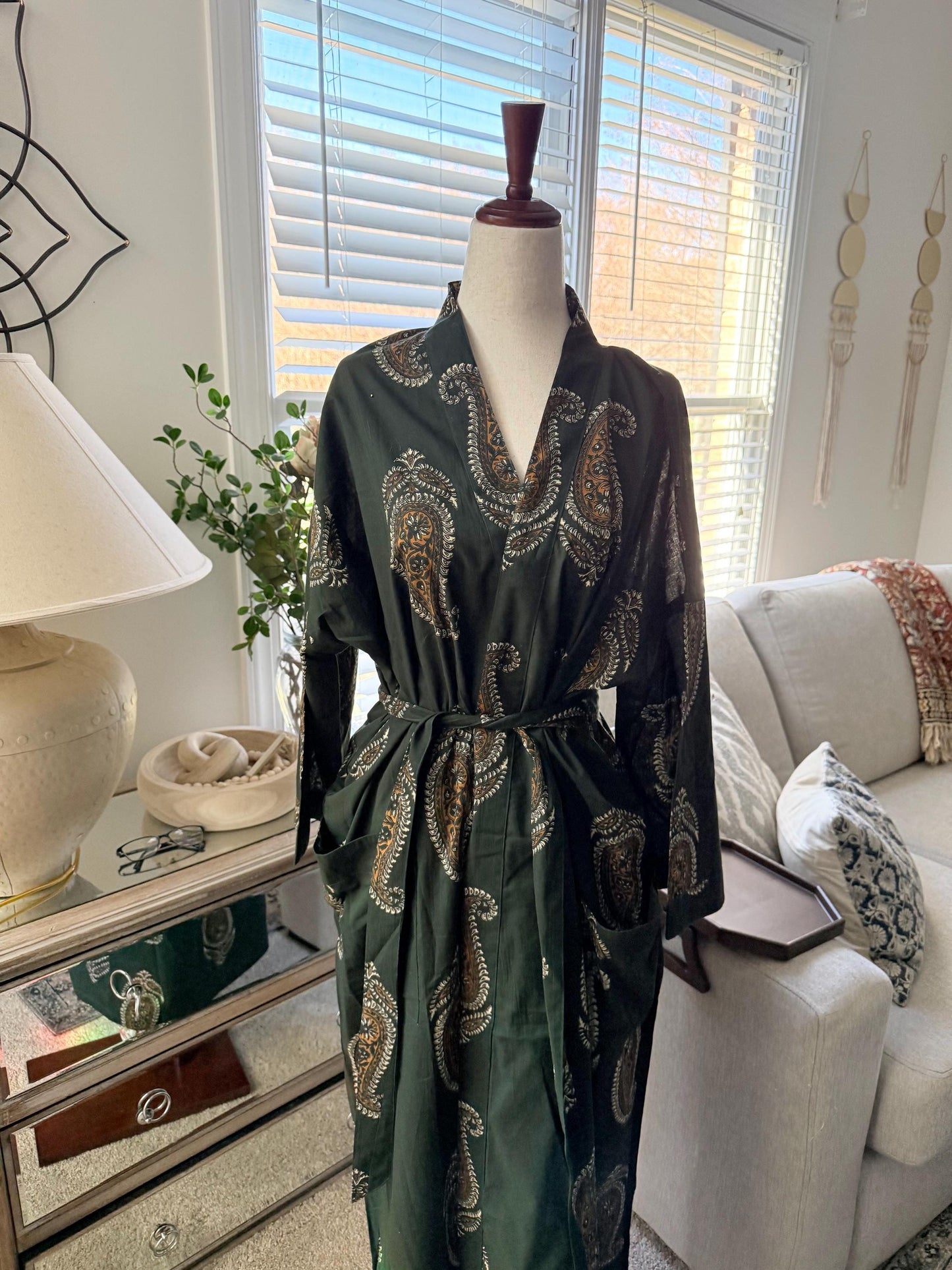 Christmas Gift Green Cotton Kimono Robe, Boho block print, Cozy House Robe, Loungewear, Sleepwear Holiday Gift for her