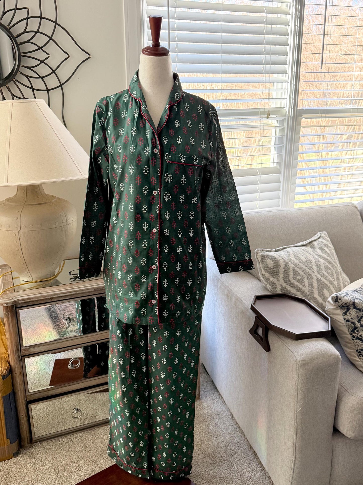 Christmas , Holiday Pj set Green Christmas Print Pajama, Cotton Floral Print Loungewear, Holiday PJ’s set for Women